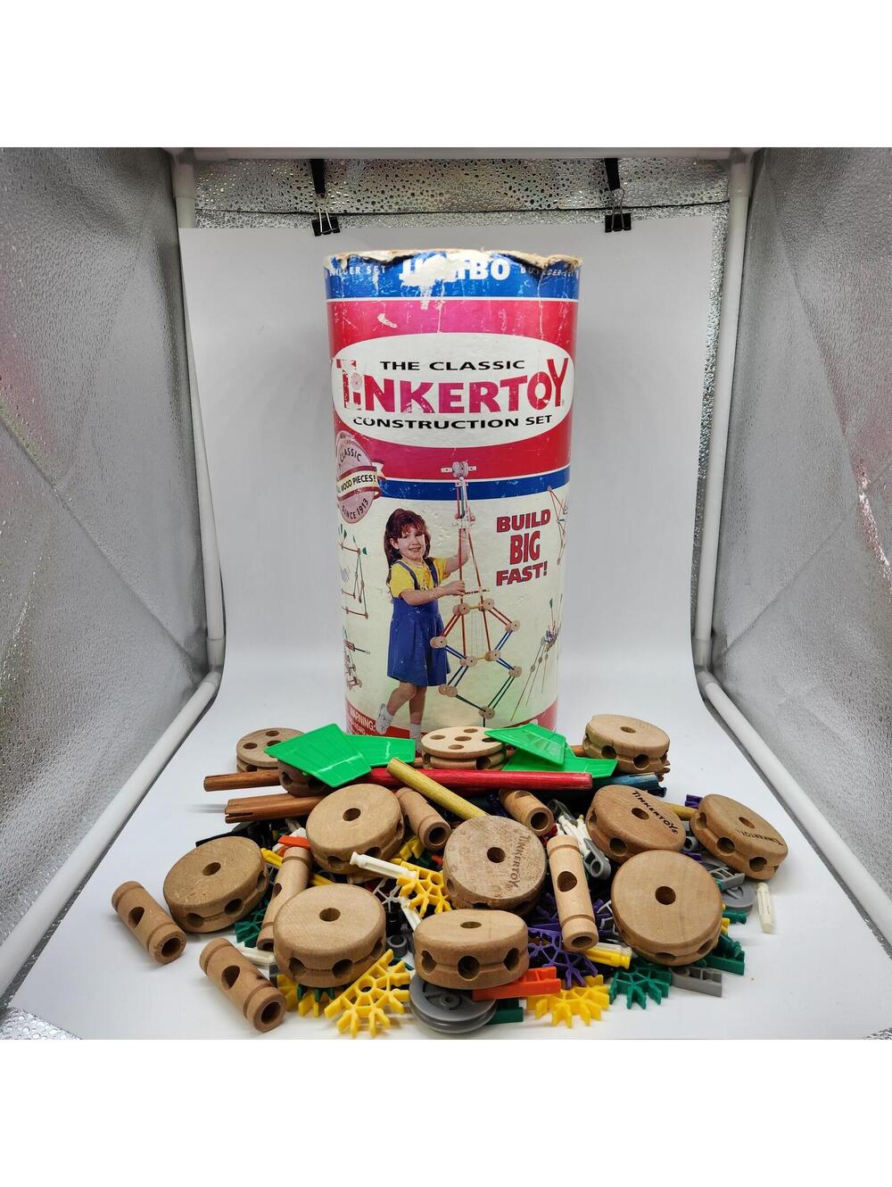 Vintage Tinkertoy Construction Parts Lot Original Canister Wooden Pieces Parts